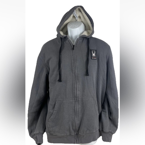 SPYDER Mens Large Hooded Jacket Grey/Black Full Zip Fleece Lined Heavy Duty - Picture 1 of 8